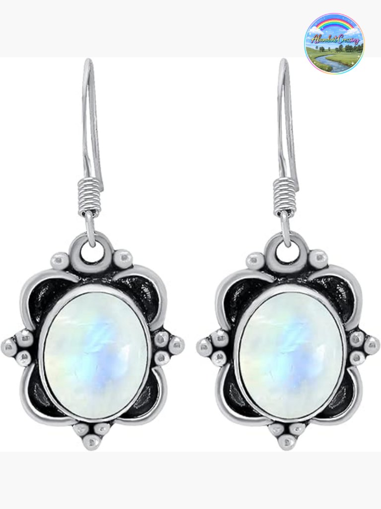 Silver Plated Natural Moonstone Dangle Earrings, Oval Gemstone Drop Earrings,